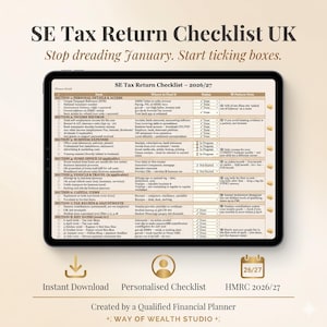 May include: A digital tablet displays a UK tax return checklist for 2026/27, with sections for personal details, income records, business expenses, and more. The checklist is designed to help users organize their tax information. The text reads "Stop dreading January. Start ticking boxes."