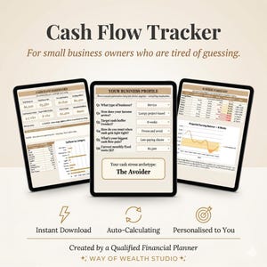 May include: Three tablets displaying a cash flow tracker for small business owners. The screens show financial dashboards, business profiles, and 8-week forecasts. Text includes "Instant Download," "Auto-Calculating," and "Personalised to You."