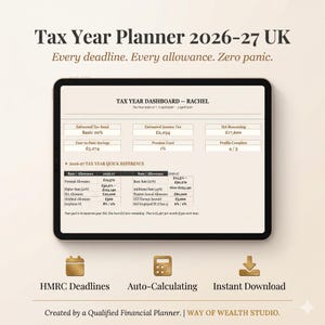 Puede incluir: Una tableta digital muestra un planificador fiscal para el año 2026-27 en el Reino Unido. La pantalla muestra datos financieros, incluyendo el impuesto sobre la renta estimado y los ahorros. El texto incluye "HMRC Deadlines", "Auto-Calculating" e "Instant Download."