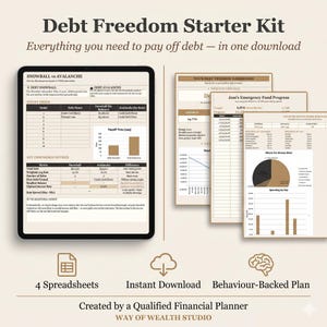 Pode incluir: Um kit digital de início para a liberdade de dívidas com uma tela de tablet exibindo uma planilha comparativa Snowball vs Avalanche, junto com páginas de painel impressas com gráficos financeiros, diagramas e tabelas de gastos.