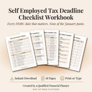 Può includere: Una cartella di lavoro con liste di controllo per le scadenze fiscali dei lavoratori autonomi con pagine intitolate Your Tax Year at a Glance, Day Countdown, What It Actually Costs, Quarterly Update Checklist e Monthly Tracker.
