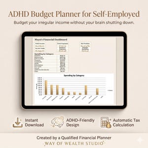 May include: A digital tablet shows a financial dashboard with spending categories and a bar graph. Text reads "ADHD Budget Planner for Self-Employed." Icons indicate instant download, ADHD-friendly design, and automatic tax calculation. The planner is designed for irregular income.