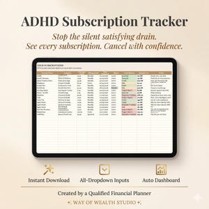May include: A digital tablet showing an ADHD Subscription Tracker with a spreadsheet of subscription services. Text at the top reads "ADHD Subscription Tracker." Additional text includes "Instant Download," "All-Dropdown Inputs," and "Auto Dashboard."