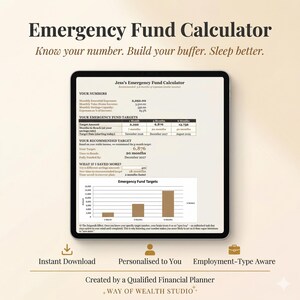 Könnte beinhalten: Ein Tablet-Bildschirm zeigt einen "Notfallfonds-Rechner" mit Finanzdaten und Diagrammen. Die Anzeige enthält Zielbeträge, Sparangaben und ein Balkendiagramm. Der Text lautet: "Kenne deine Nummer. Baue deinen Puffer."