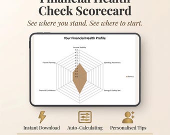 May include: A digital financial health scorecard on a tablet. The screen displays a radar chart with categories like Income Stability and Future Planning. Text includes "Financial Health Check Scorecard" and "Instant Download."
