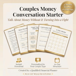 May include: A stack of beige and gold paper documents titled "Couples Money Conversation Starter." The documents include a 30-day calendar, conversation prompts, and money personality guides. The text reads "Talk About Money Without It Turning Into a Fight."