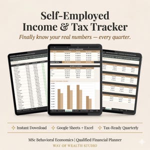 Puede incluir: Tres tabletas que muestran un rastreador financiero para autónomos. Las pantallas muestran desgloses de ingresos, gráficos y resúmenes trimestrales. El texto incluye "Self-Employed Income & Tax Tracker" y "Finally know your real numbers - every quarter."