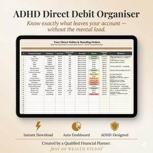 May include: A digital planner on a tablet screen, titled "ADHD Direct Debit Organiser." The screen shows a spreadsheet of direct debits and standing orders. Features include instant download, auto dashboard, and ADHD-designed.