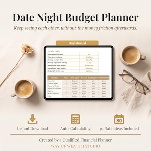 May include: A digital Date Night Budget Planner dashboard displayed on a tablet screen. The interface features tables tracking dates, spending, and enjoyment metrics. Text includes Instant Download, Auto-Calculating, and 30 Date Ideas Included.