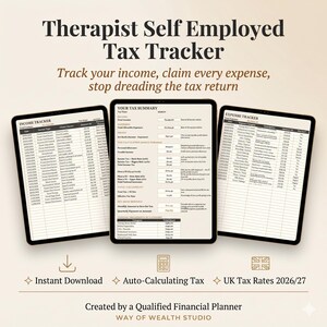 May include: A digital tax tracker for therapists featuring three tablet screens displaying an income tracker, a tax summary, and an expense tracker. The text includes Therapist Self Employed Tax Tracker, Instant Download, Auto-Calculating Tax, and UK Tax Rates 2026/27.