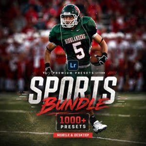 Könnte beinhalten: Eine digitale Produktwerbung mit einem Footballspieler im grünen Trikot mit der Nummer 5, überlagert mit dem Text Lr PREMIUM PRESETS SPORTS BUNDLE 1000+ PRESETS MOBILE & DESKTOP in Weiß und Rot vor einem unscharfen Stadionhintergrund.