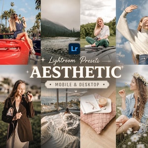 Pode incluir: Uma colagem de imagens de estilo de vida com uma estética Lightroom Presets. O texto "Lightroom Presets" e "AESTHETIC" são exibidos em destaque. As imagens incluem um conversível vermelho, uma paisagem fluvial e uma pessoa com uma câmera.