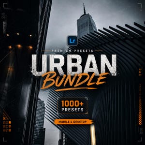 Puede incluir: Un gráfico digital para un producto de edición fotográfica con el texto "PREMIUM PRESETS URBAN BUNDLE 1000+ PRESETS MOBILE & DESKTOP" y un icono de Adobe Lightroom. El fondo muestra una vista en contrapicado de rascacielos modernos.