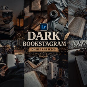 May include: A digital photo editing preset collection titled DARK BOOKSTAGRAM MOBILE & DESKTOP featuring a collage of moody, dimly lit scenes with open books, stacks of novels, vintage cameras, coffee cups, and soft blankets in warm, dark tones.