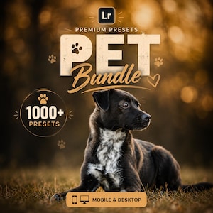 May include: A digital product advertisement for a PET Bundle featuring 1000+ Lightroom presets for mobile and desktop. The graphic displays a black and white dog lying down, with text overlays including Lr, PREMIUM PRESETS, PET Bundle, and 1000+ PRESETS.