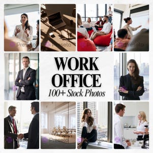 Puede incluir: Un collage de fotos de stock profesionales que presenta entornos de oficina, reuniones de negocios y retratos corporativos. El texto central dice WORK OFFICE 100+ Stock Photos. Las imágenes muestran a diversas personas con trajes y ropa casual.
