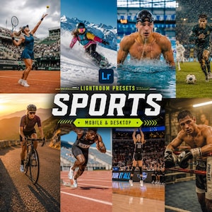 May include: A montage of sports action shots featuring tennis, snowboarding, swimming, football, cycling, track, basketball, and boxing. The word "SPORTS" is displayed with "LIGHTROOM PRESETS" and "MOBILE & DESKTOP".