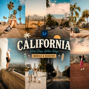 Può includere: Una collezione di preset fotografici digitali intitolata CALIFORNIA Warm Days, Golden Ways per dispositivi mobili e desktop. Il collage presenta varie scene soleggiate della California con palme, skyline cittadini e persone in esterni.
