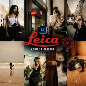 以下が含まれることがあります： Leica Mobile & Desktopと題された写真編集プリセットのデジタルコレクション。グラフィックにはLeicaのロゴ、Adobe Lightroomのアイコン、そして様々な環境や場所でLeicaカメラを使用する人々の写真が複数含まれています。