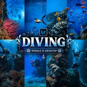 Puede incluir: Un collage digital con escenas submarinas de buceadores, arrecifes de coral y peces tropicales. El texto central dice Lr DIVING MOBILE & DESKTOP con un icono de ancla. Las imágenes muestran agua azul vibrante, corales coloridos y vida marina.