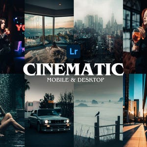 Puede incluir: Un collage de imágenes cinematográficas con diversas escenas. Las imágenes incluyen una mujer en un bar, una persona junto a una ventana, una calle de la ciudad, una mujer con una bebida, una persona junto a una cascada, un coche, un pájaro en una valla y un edificio de la ciudad. El texto "CINEMATIC MOBILE & DESKTOP" se muestra.