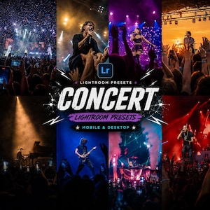 Op de afbeelding: Een promotieafbeelding voor Lightroom-voorinstellingen, met een collage van concertscènes. Het woord "CONCERT" staat centraal, met "LIGHTROOM PRESETS" en "MOBILE & DESKTOP" ook zichtbaar. De scènes tonen artiesten op het podium met publiek.
