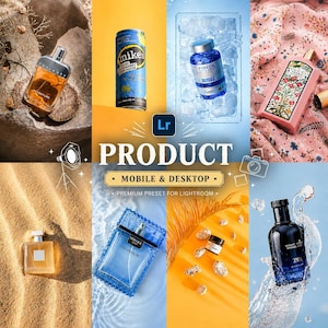 Puede incluir: Un collage de imágenes de productos, que incluyen frascos de perfume, una lata de Mike's Hard Lemonade y un frasco de cápsulas de aceite de pescado. También se ve el texto "PRODUCT" y "MOBILE & DESKTOP". Es un ajuste preestablecido premium para Lightroom.