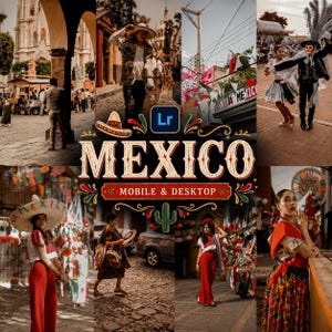 May include: A digital collage featuring various scenes of Mexican culture, including people in traditional attire, street markets, and architecture, with the text "MEXICO" and "MOBILE & DESKTOP" centered, alongside a Lightroom icon and a cactus graphic.