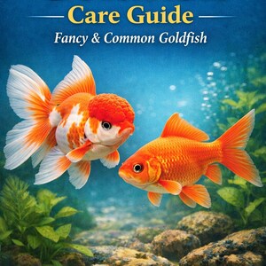 May include: A book cover with the title "Goldfish Care Guide" featuring two goldfish. One is orange and white with a red head, the other is solid orange. The background is blue with aquatic plants and rocks.