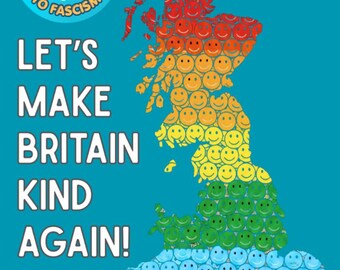 UK Map Poster: Make Britain Kind Again, LGBTQ Acid House Smiley Faces (Recycled Paper)