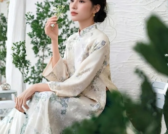 Ao Dai brocart coupe ample - robe traditionnelle vietnamienne perlée à col perlé - Chieu Giao élégant vintage rose beige Ao dai grande taille personnalisée