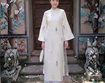 Robe vietnamienne moderne rose en dentelle en mousseline de soie Ao Dai - Elégant Ao Dai traditionnel 4 couches - Manches évasées Pastels Ao Dai Plus