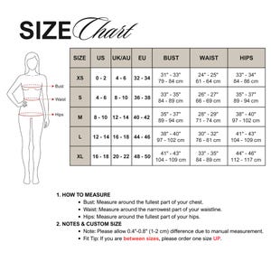 Peut inclure: Un tableau des tailles avec un dessin au trait d'une silhouette et des fl&egrave;ches indiquant les mesures du buste, de la taille et des hanches. Le tableau pr&eacute;sente les tailles XS &agrave; XL avec les &eacute;quivalences US, UK/AU, EU et les mesures en centim&egrave;tres.