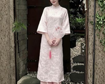 Robe brocart moderne ample Ao Dai - Jacquard élégant Ao Dai vietnamien traditionnel - Ao Dai soie rouge rose bleu vintage grande taille