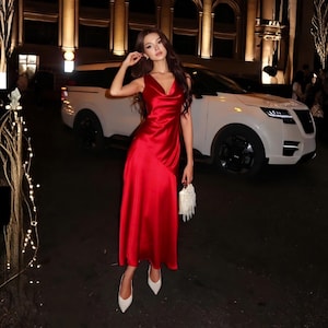 cowl play cowl neck satin midi dress in dark red Dark Red Red Midi Satin Dress Cowl Play Cowl Neck Satin Midi Dress In Dark Red