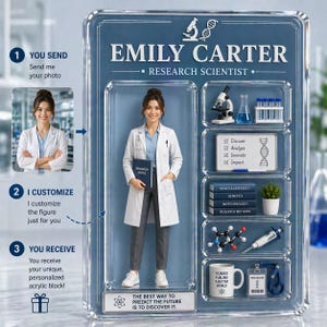 May include: A personalized acrylic block featuring a miniature figure of a research scientist named Emily Carter. The block includes lab equipment, books, and the text "The best way to predict the future is to discover it."