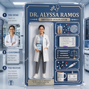 May include: A personalized acrylic block featuring a figure of Dr. Alyssa Ramos, a biotech innovator. The design includes scientific elements, text, and a photo of Dr. Ramos. The block is blue and clear, with text that reads "Data Analysis."