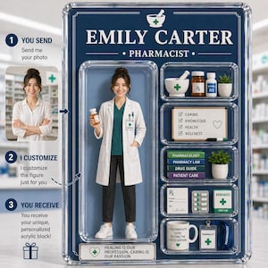 May include: A personalized acrylic block featuring a pharmacist, Emily Carter. The design includes a miniature figure, pharmacy-related items, and text that reads "Healing is our profession. Caring is our passion."