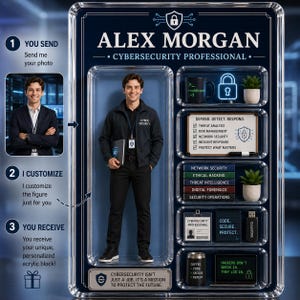May include: Acrylic block featuring a figure of Alex Morgan, a Cybersecurity Professional. The block includes a photo of Alex, along with text and graphics related to cybersecurity, such as "Defend, Detect, Respond" and "Hackers Don't Break In, They Log In."
