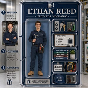 May include: A personalized acrylic block featuring an elevator mechanic figure. The figure is dressed in navy blue workwear and holds tools. The block includes the text "ETHAN REED - ELEVATOR MECHANIC" and other elevator-related details.