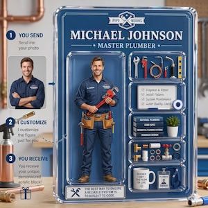 May include: A personalized acrylic block featuring a master plumber illustration. The design includes the name "MICHAEL JOHNSON", tools, and a mug with the text "SCIENCE + ART - THE FLOW OF LIFE". The block also shows the steps: "YOU SEND", "I CUSTOMIZE", and "YOU RECEIVE".