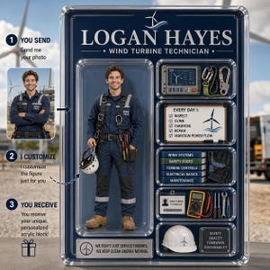 May include: Acrylic block featuring a wind turbine technician figure. The figure is wearing a blue uniform and holding a white helmet. The block includes text: "LOGAN HAYES - WIND TURBINE TECHNICIAN".