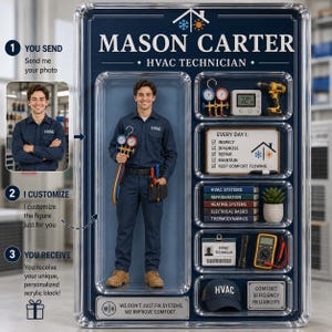 May include: A personalized acrylic block featuring an HVAC technician figure. The figure is dressed in a navy blue uniform and holds tools. The block includes the text "MASON CARTER HVAC TECHNICIAN" and other HVAC-related elements.