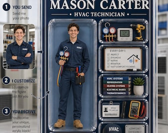 Custom HVAC Tech Acrylic Block 2D, Personalized Electrician Action Figure Toy Box, Tradesman Work Anniversary Gift for Him