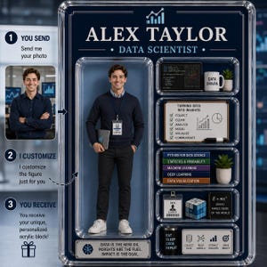 May include: A personalized acrylic block featuring a data scientist figure. The design includes the name "ALEX TAYLOR" and the title "DATA SCIENTIST." The block showcases data science concepts, including "COLLECT," "CLEAN," and "ANALYZE."