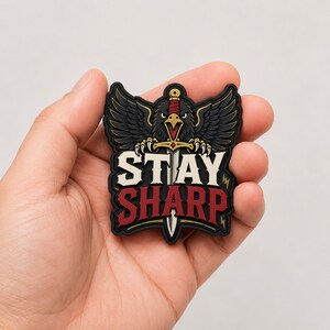 Stay Sharp Raven PVC Patch, Gothic Dagger Morale Patch, Dark Bird Biker Club Rubber Badge, Hook Loop EDC Gear Patch for Hat Bag Gift