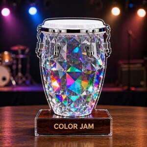 May include: A decorative, prism-cut conga drum with a white drumhead and silver hardware. The drum sits on a wooden base with the text "COLOR JAM". The drum's faceted design reflects a rainbow of colors.