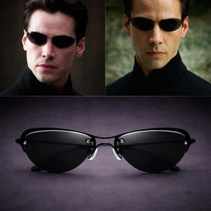 Puede incluir: Gafas de sol ovaladas negras con montura metálica fina. La imagen muestra las gafas de sol en un estudio, junto con dos retratos de una persona que lleva el mismo estilo de gafas de sol. Las lentes son oscuras y reflectantes.