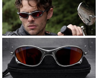 Gafas de sol Fight Club / Gafas de sol Oakley estilo vintage: años 90, Y2K, metal negro, lentes polarizadas Prizm rojas