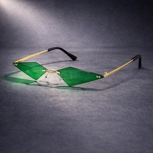 May include: Green diamond-shaped sunglasses with gold-colored frames and black temples. The lenses are a vibrant green, and the frames have a delicate, minimalist design. The sunglasses are set against a dark gray background.